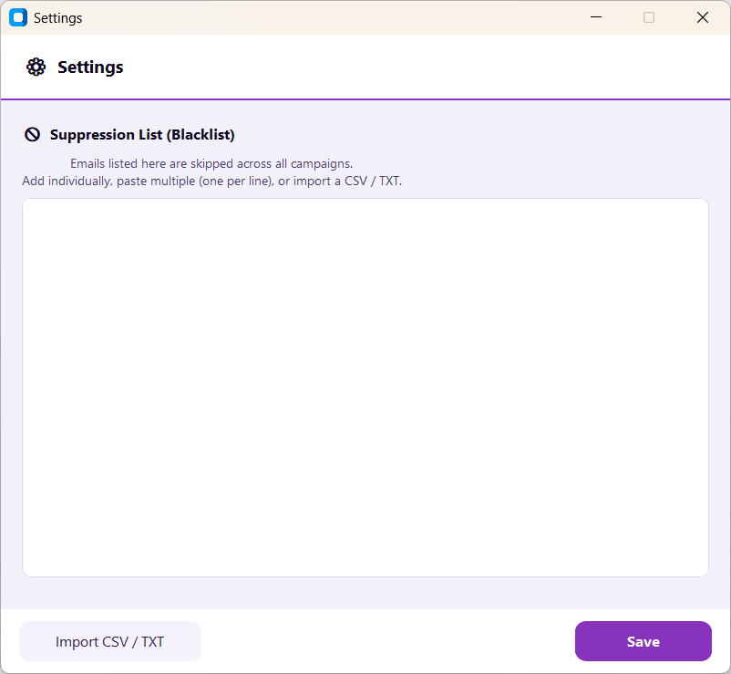 Suppression List — paste, import CSV/TXT, or add individually