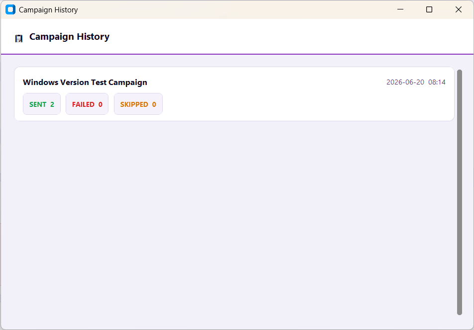 Campaign History — Sent 2, Failed 0, Skipped 0