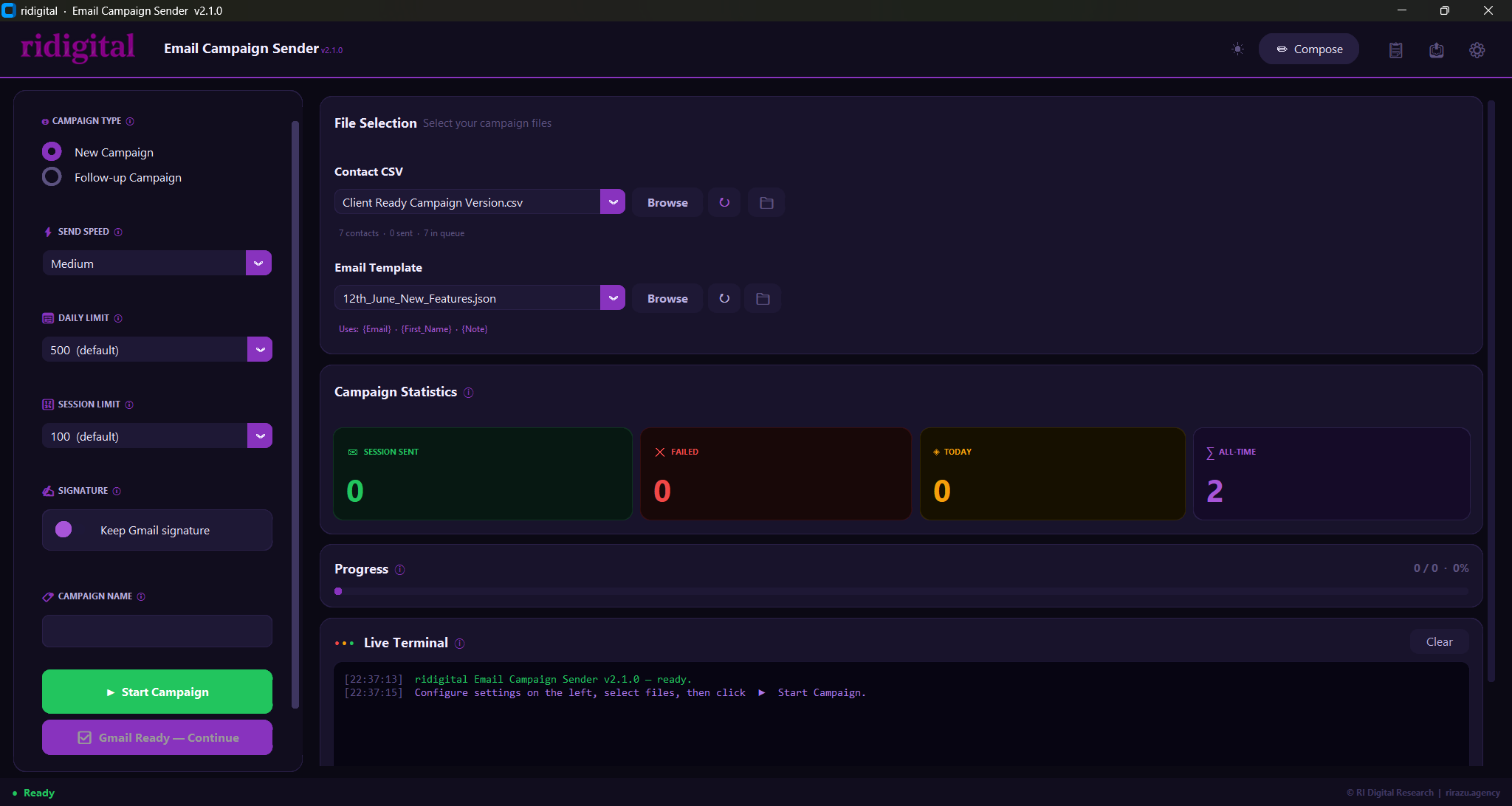 Email Campaign Sender v2.1.0 — Dark Theme