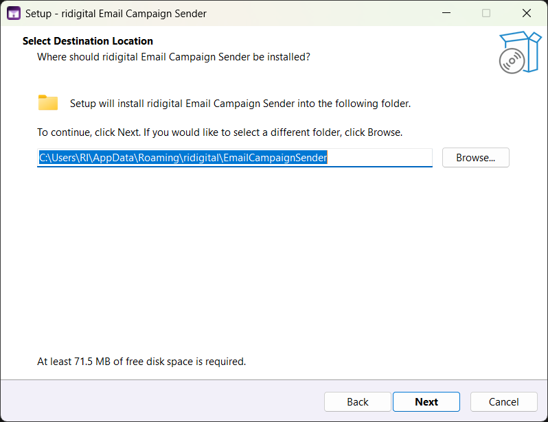 Choose install location — default is AppData, no admin rights needed
