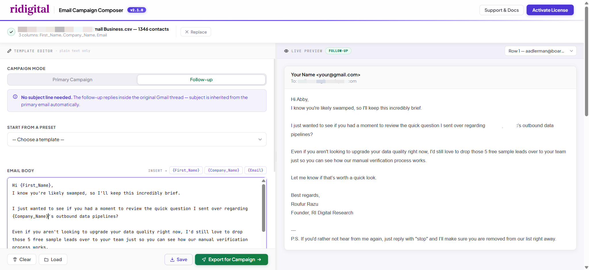 Follow-up mode — no subject line, inherits original thread