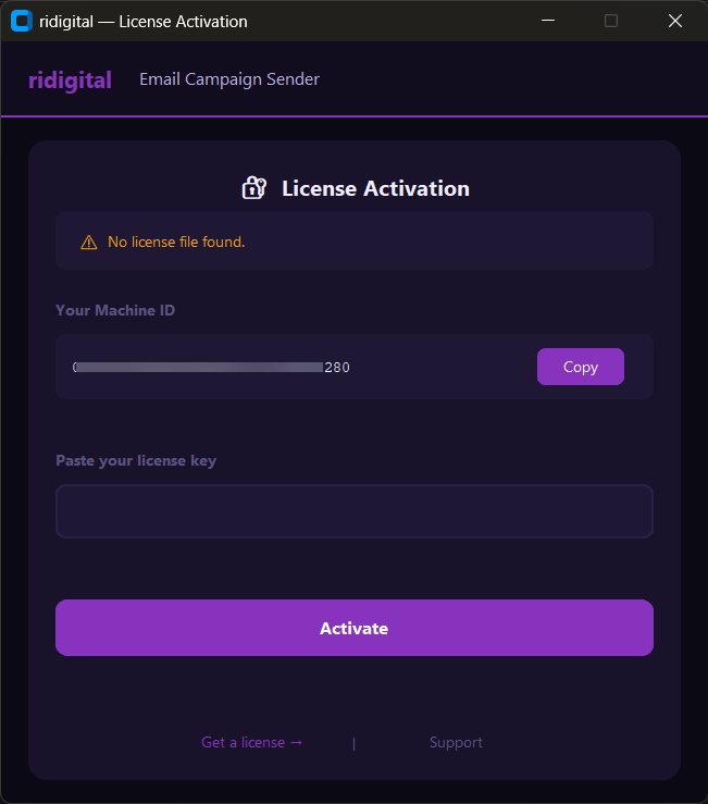 Activation screen — Machine ID shown automatically