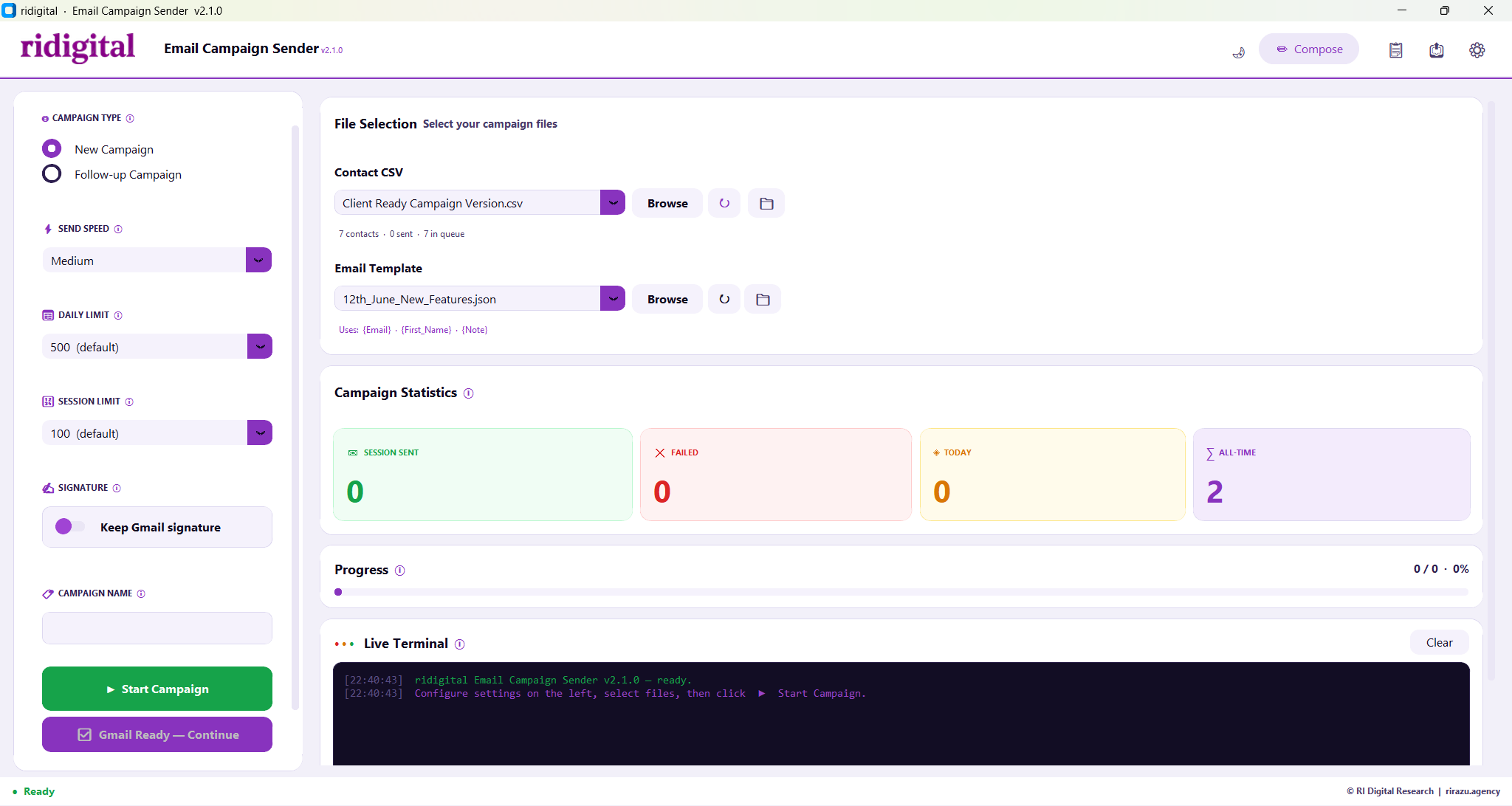 Email Campaign Sender v2.1.0 — Light Theme