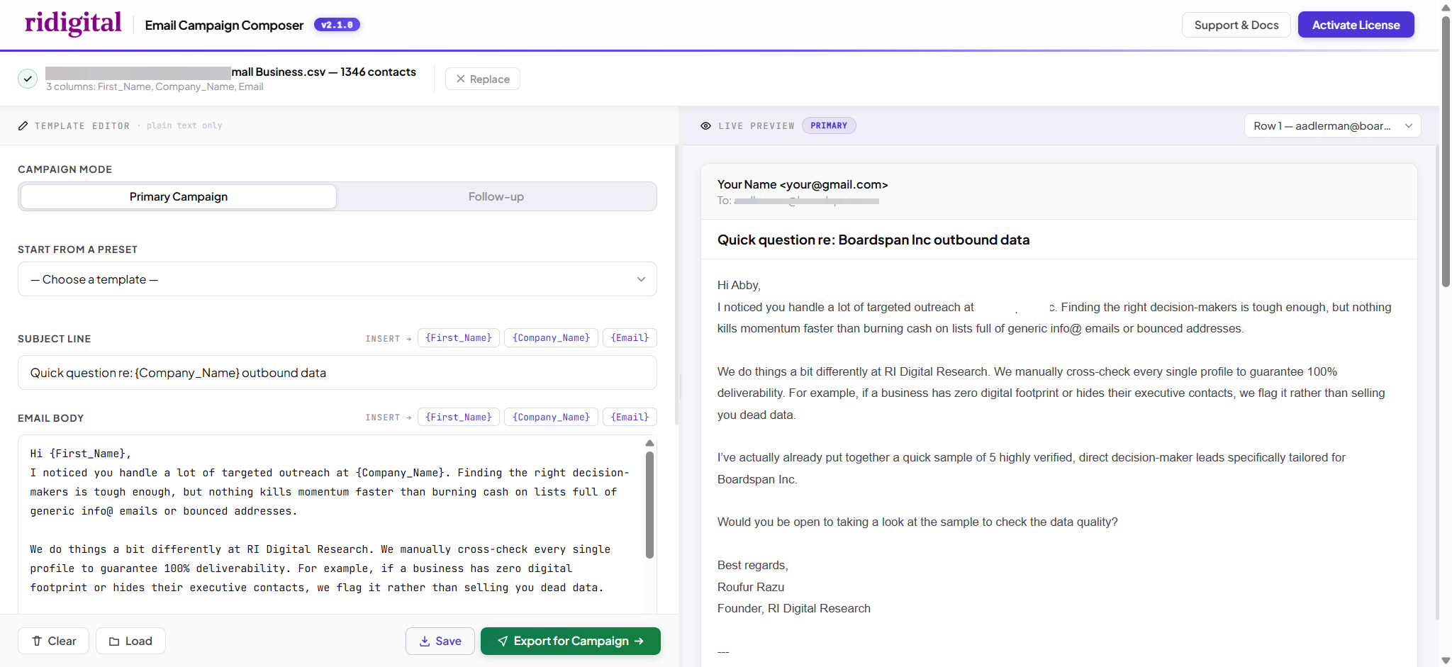Built-in Email Composer — Primary mode with live preview