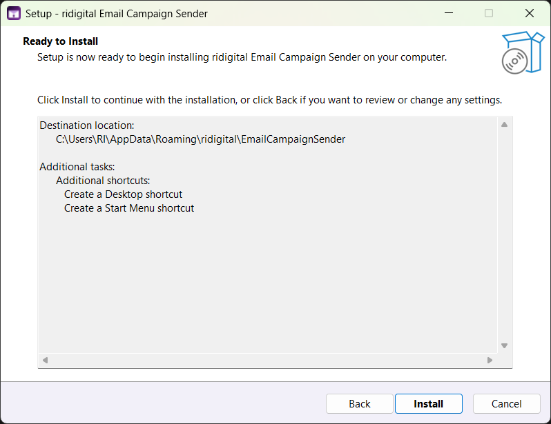 Review and install — everything confirmed before files are copied