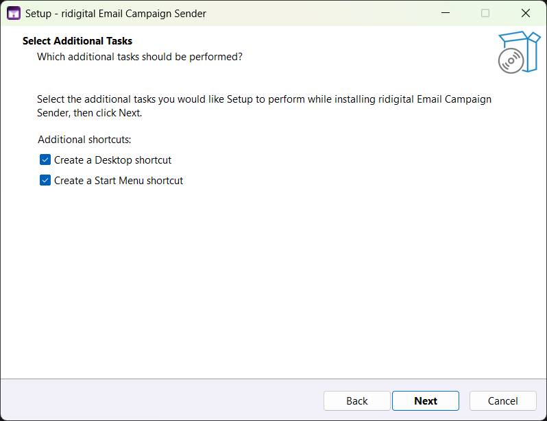 Desktop and Start Menu shortcuts — both checked by default