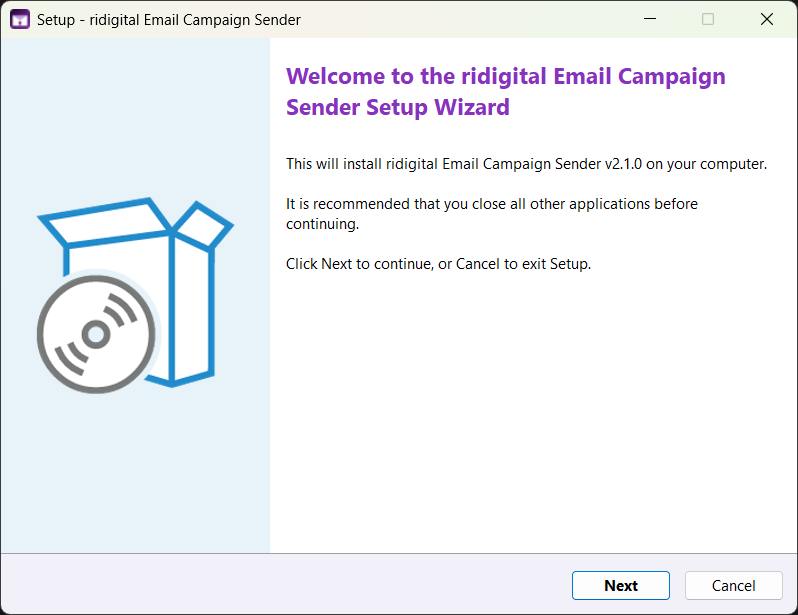 Welcome — click Next to begin